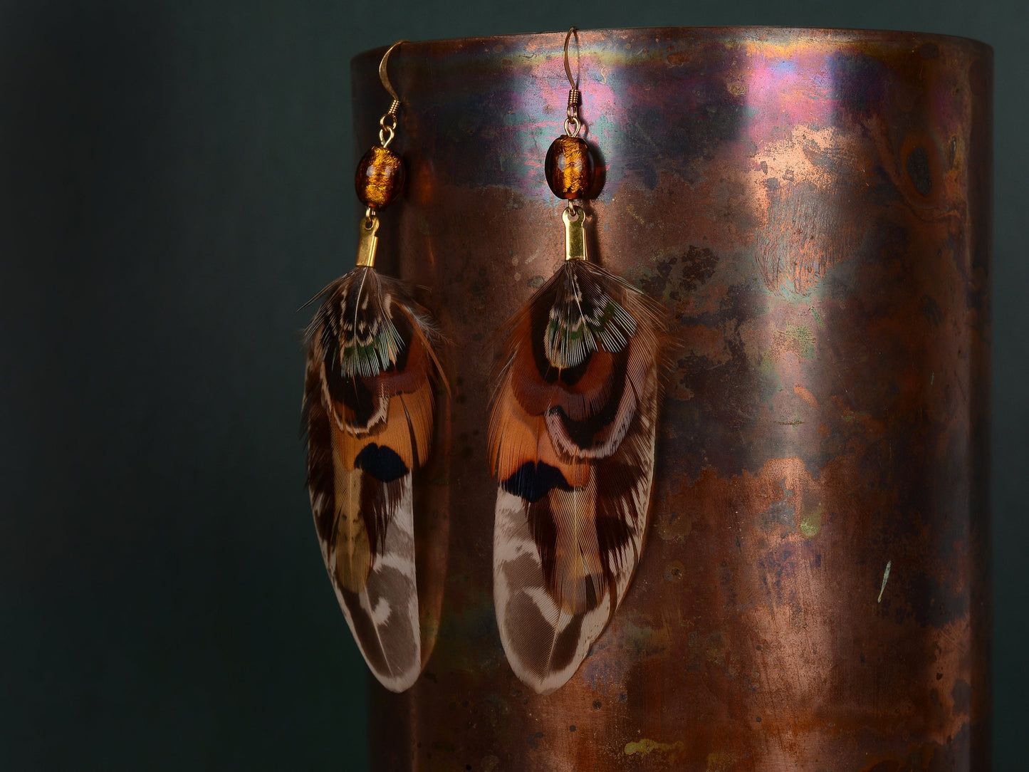 Pheasant Feather Earrings with Amber Glass Bead | Festival Earrings | Feather Jewellery | Festival Jewellery