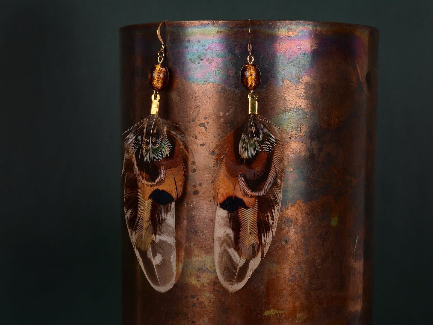 Pheasant Feather Earrings with Amber Glass Bead | Festival Earrings | Feather Jewellery | Festival Jewellery