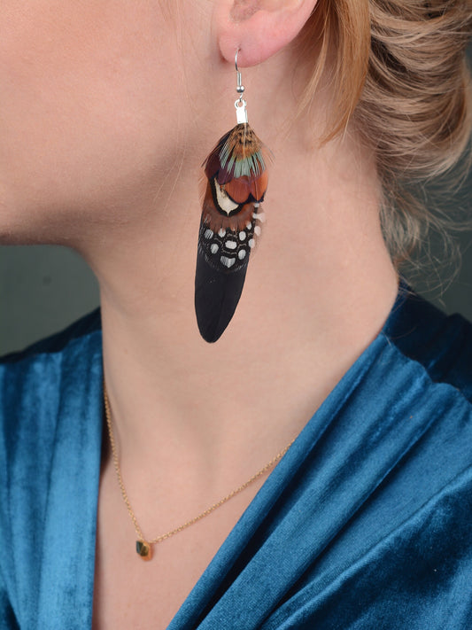 Black and Copper Pheasant Feather Earrings | Festival Earrings | Feather Jewellery | Drop Earrings