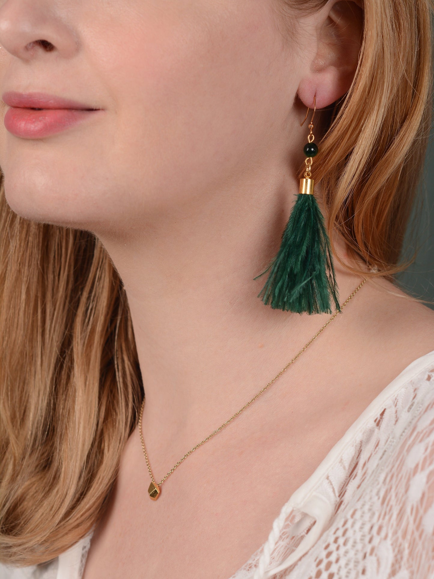 Green Agate and Ostrich Feather Tassel Earrings | Feather Jewellery | Long Earrings