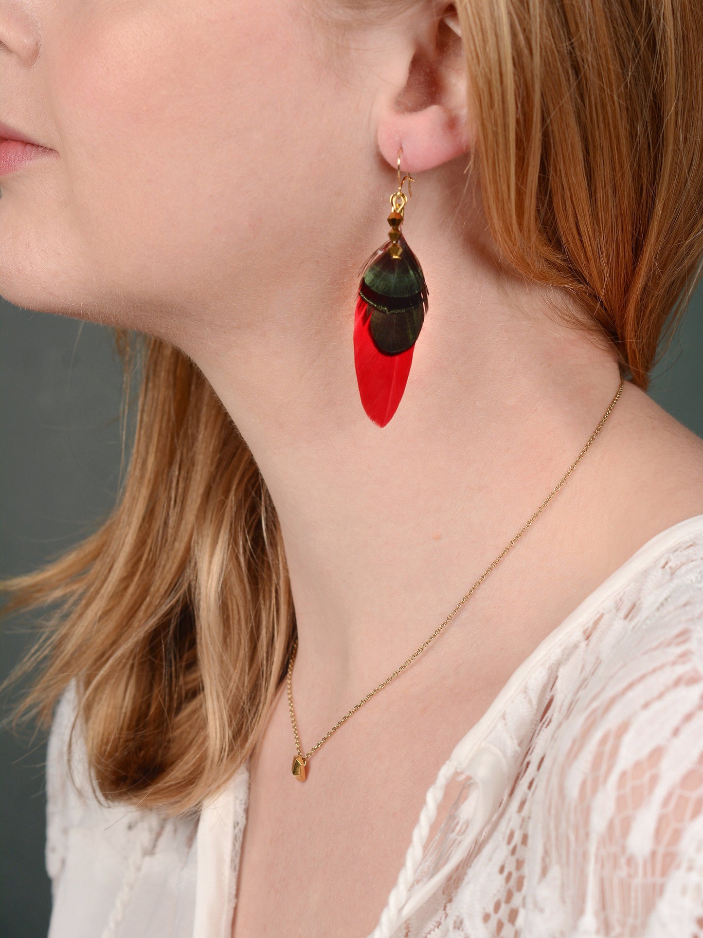 Red, Green and Gold Feather Earrings | Festival Earrings | Feather Jewellery | Festival Jewellery | Drop Earrings