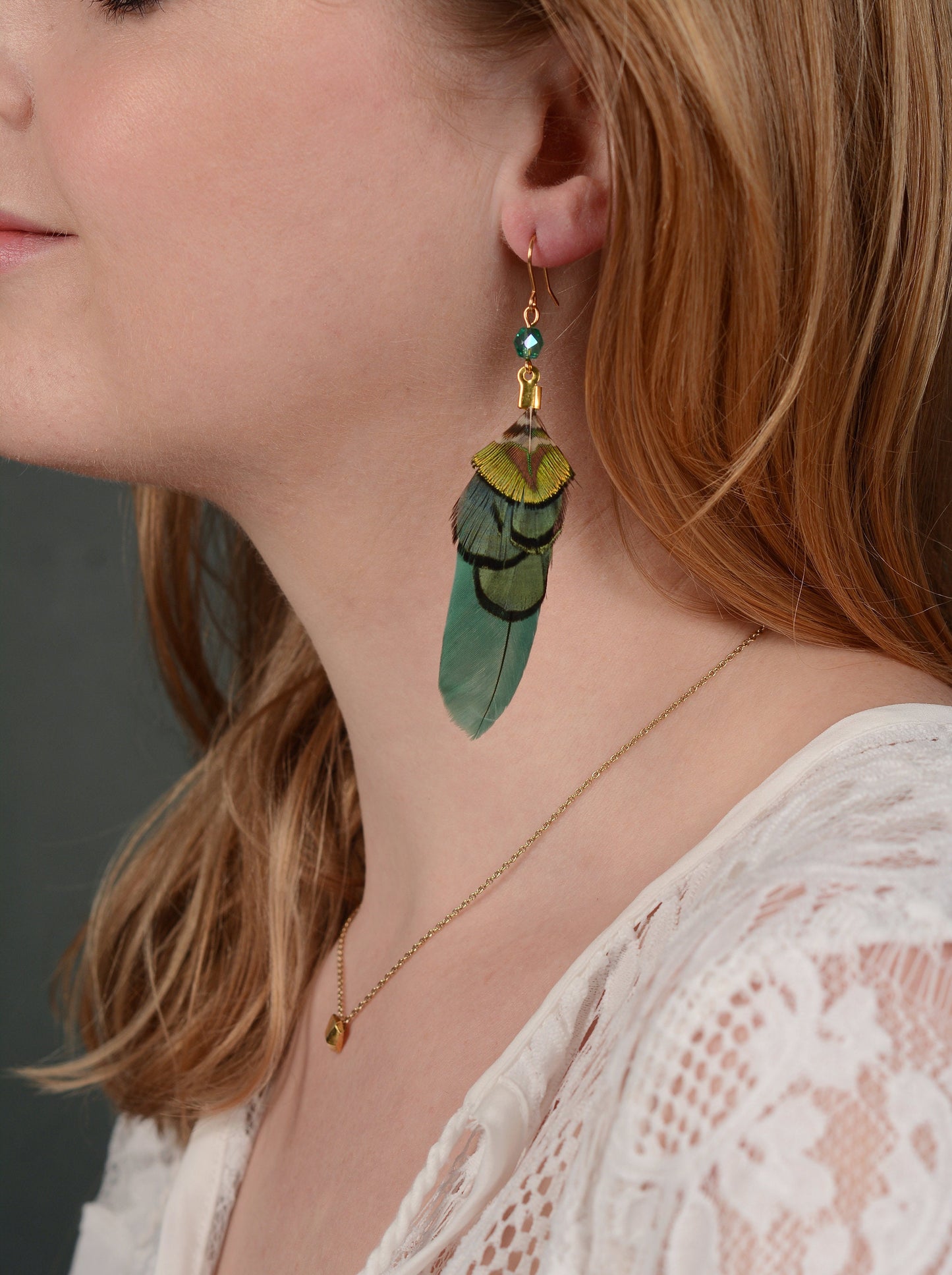 Green and Gold Small Feather Earrings with Emerald Crystal Bead | Festival Earrings | Feather Jewellery | Drop Earrings