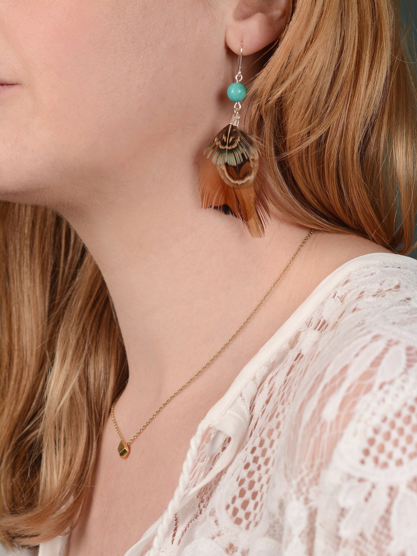 Pheasant Feather Earrings with Turquoise Bead | Feather Jewellery | Festival Jewellery