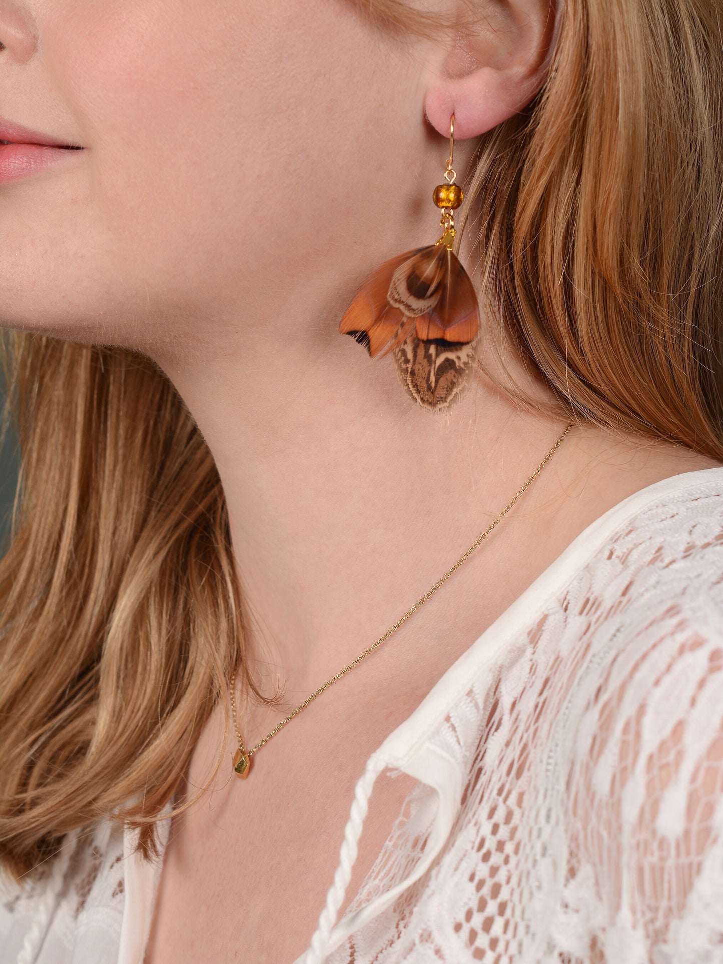 Pheasant Tassel Feather Earrings with Amber Glass Bead | Festival Earrings | Feather Jewellery | Festival Jewellery