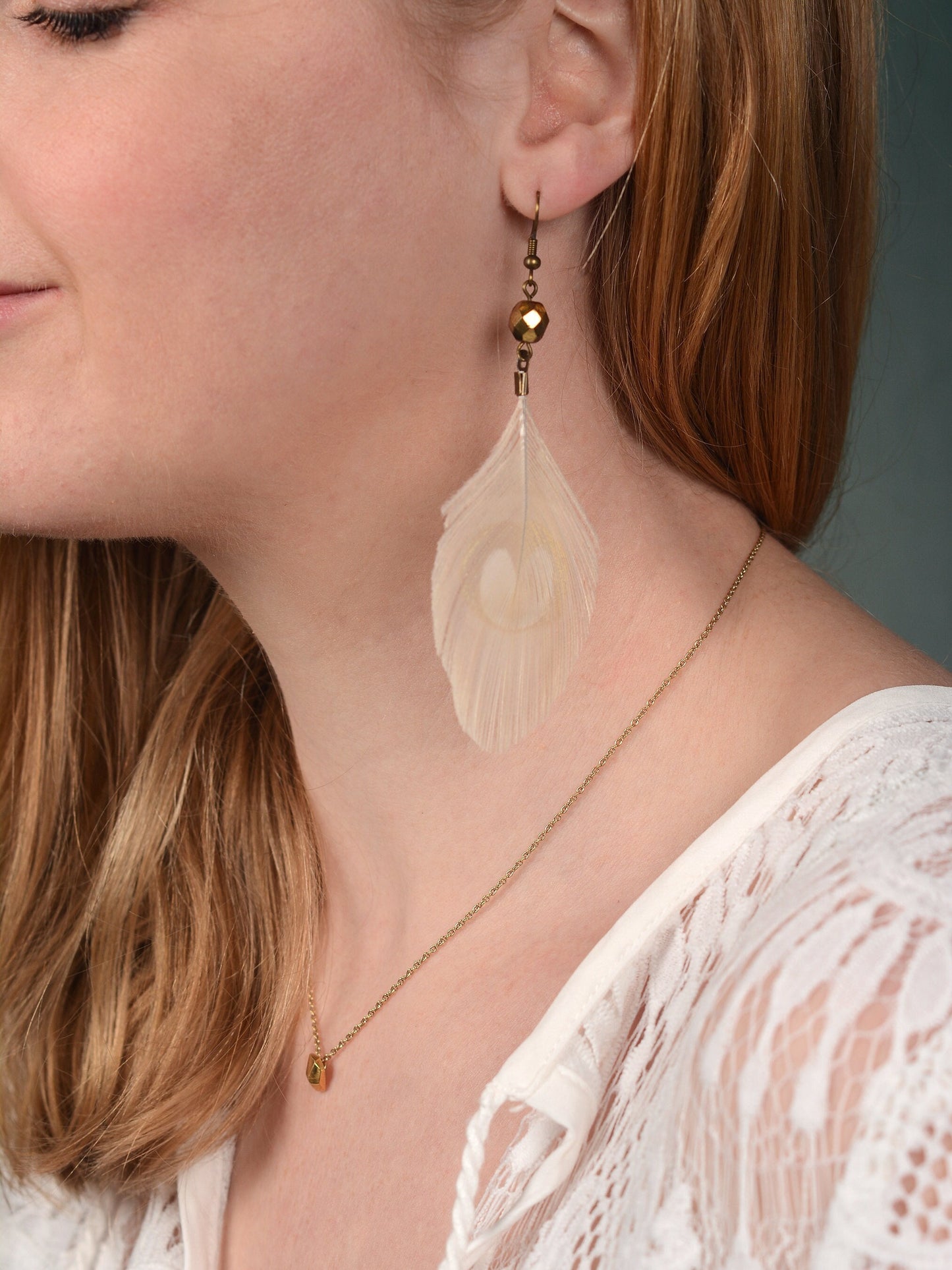 Large Ivory / White Peacock Eye Feather Earrings with Rose Gold Crystal Beads| Bridal Earrings | Boho Bride | Bohemian Bride