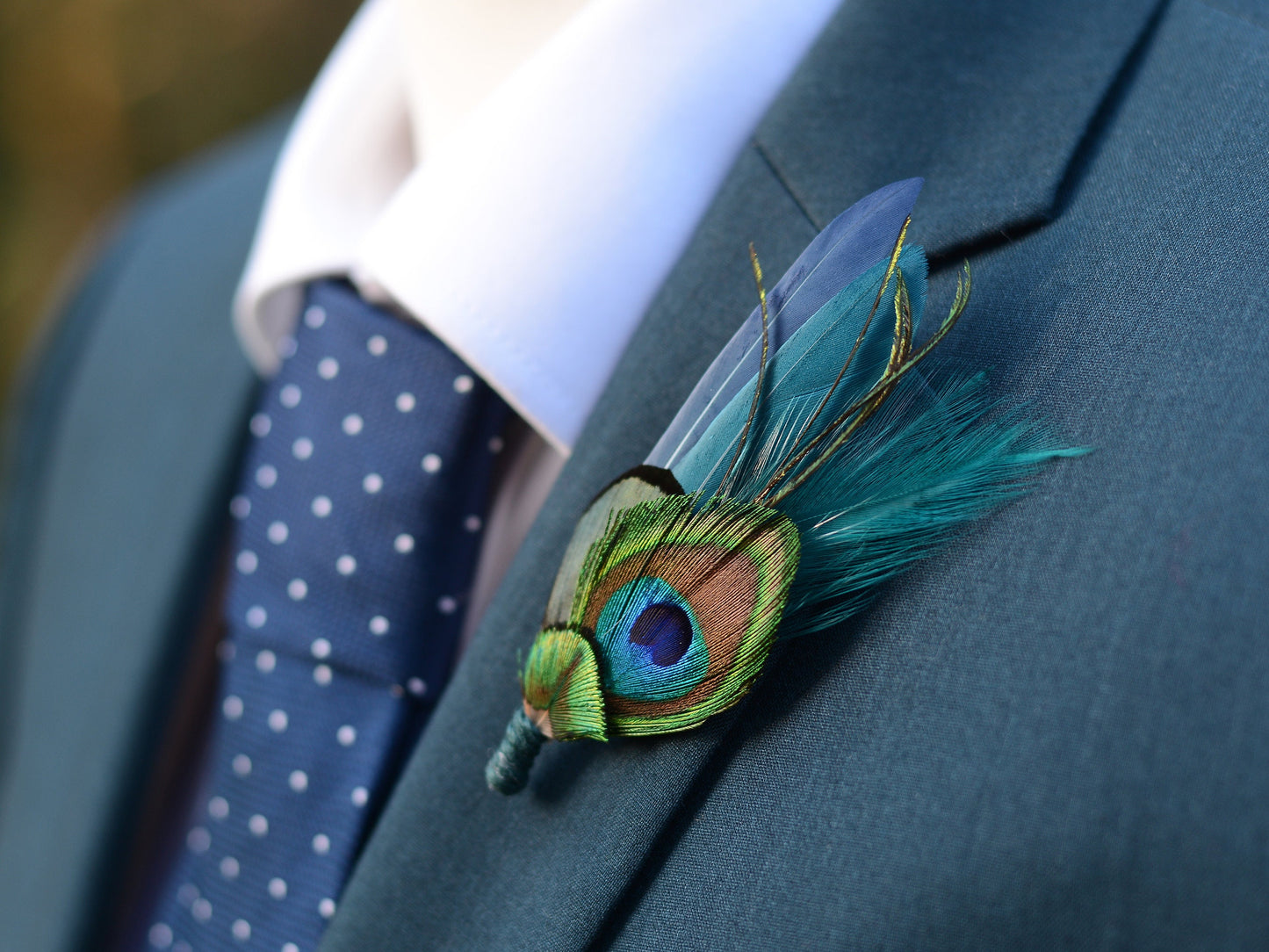 Teal and Navy Peacock Feather Boutonniere | Peacock Feather Corsage | Peacock Feather Brooch