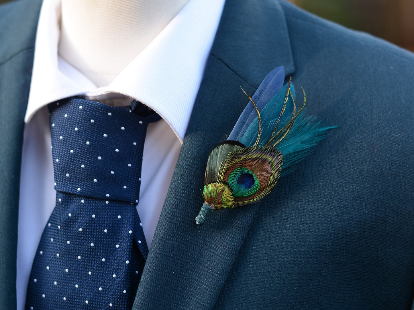 Teal and Navy Peacock Feather Boutonniere | Peacock Feather Corsage | Peacock Feather Brooch