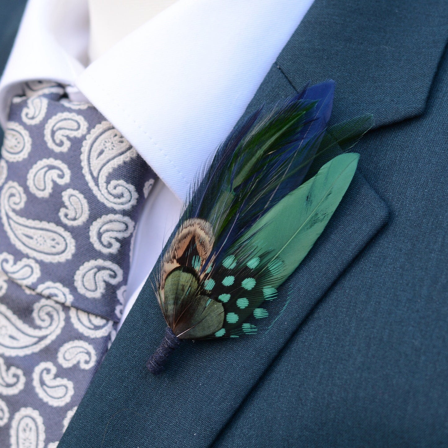 Navy Blue and Bottle Green Feather Boutonniere | Duck Feather Hat Pin | Pheasant Feather Brooch