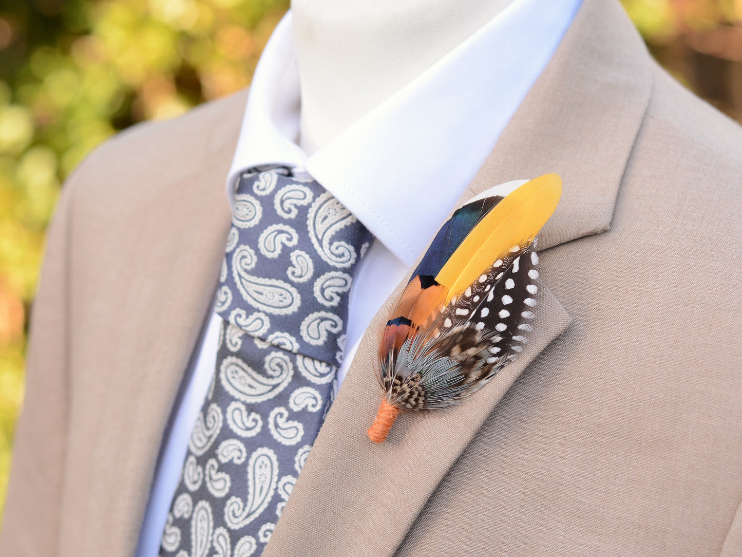 Navy Blue and Mustard Yellow Duck and Pheasant Feather Boutonniere / Feather Hat Pin