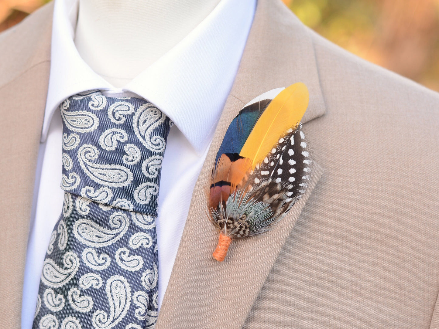Navy Blue and Mustard Yellow Duck and Pheasant Feather Boutonniere / Feather Hat Pin