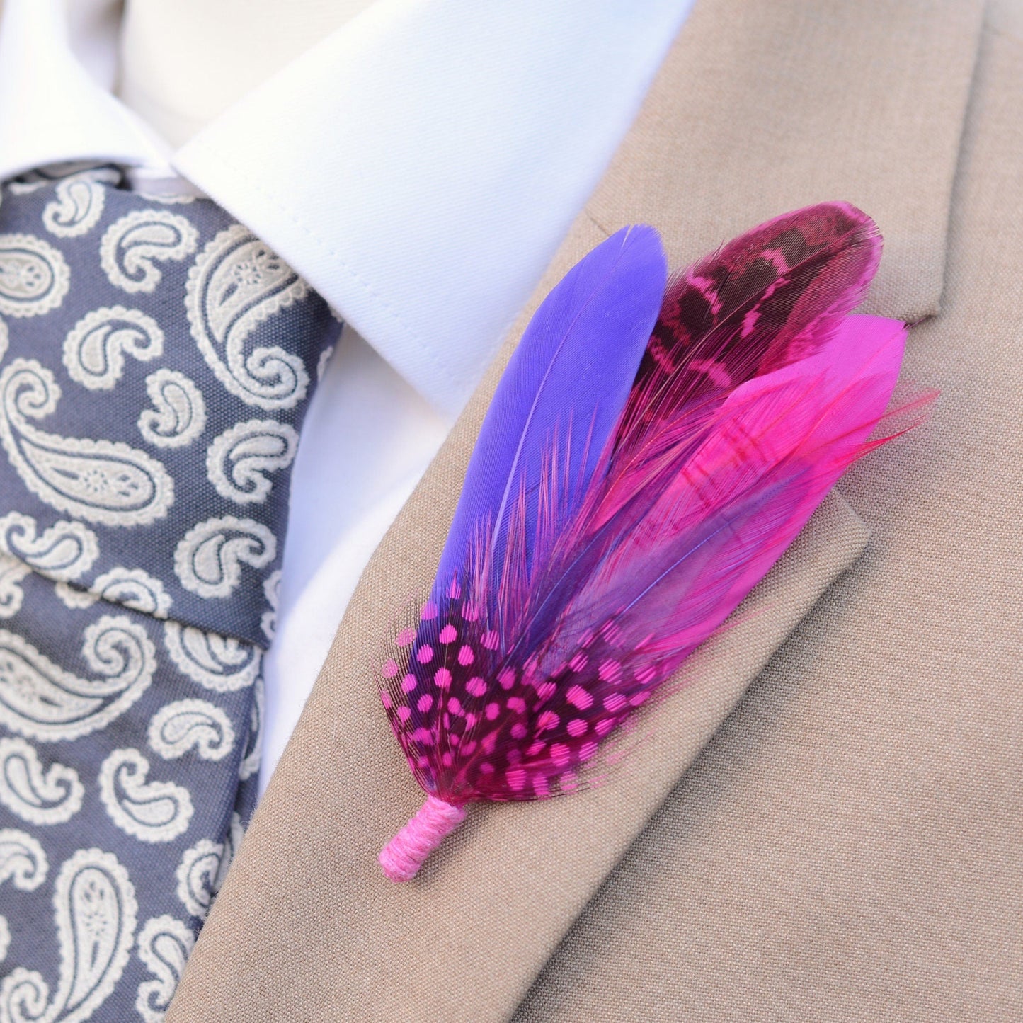 Shades of Pink and Purple Feather Boutonniere | Pheasant Feather Hat Pin | Feather Brooch