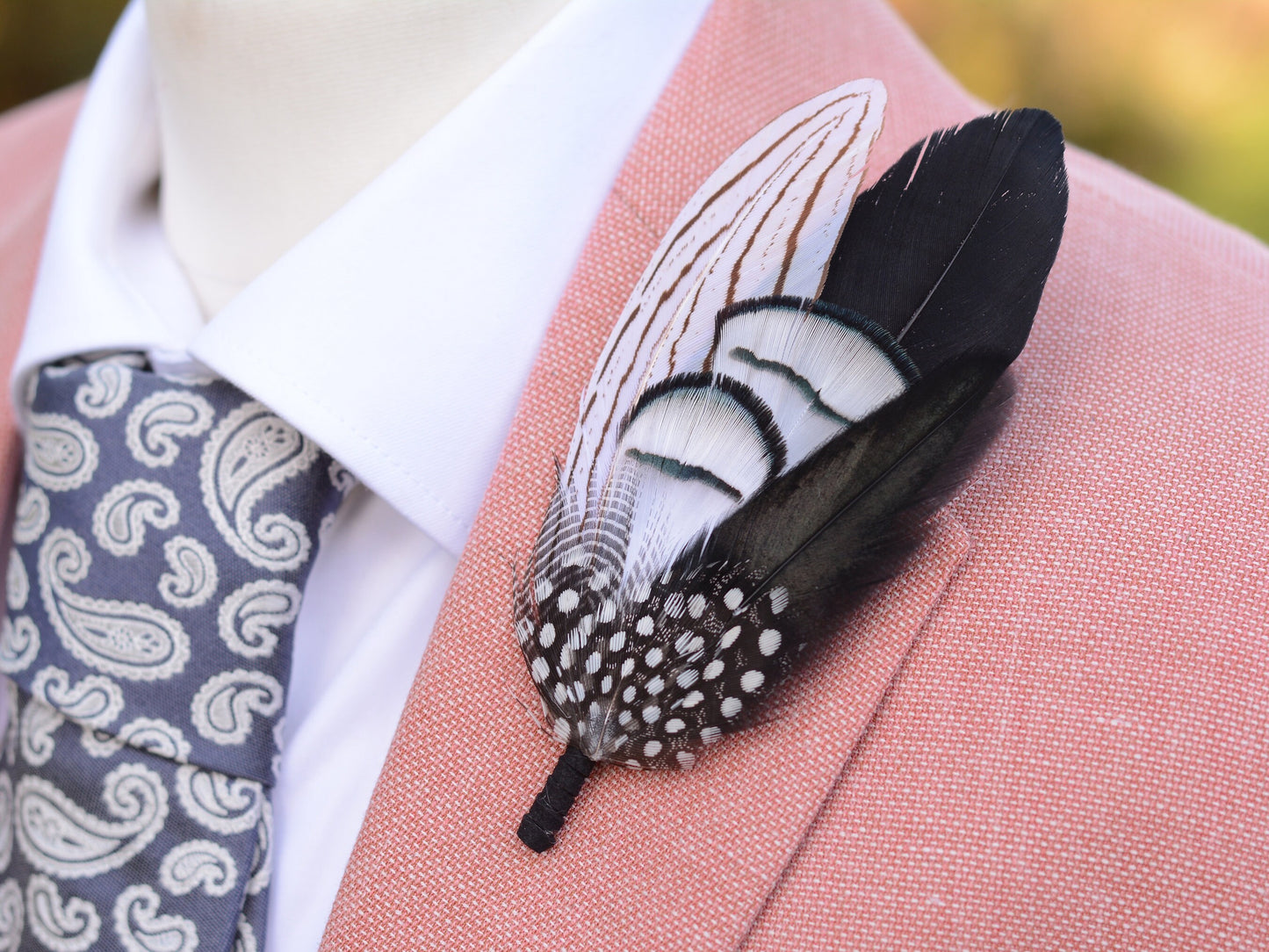 Monochrome Feather Lapel Pin Large No.1 | Feather Boutonniere | Pheasant Feather Brooch | Feather Hat Pin
