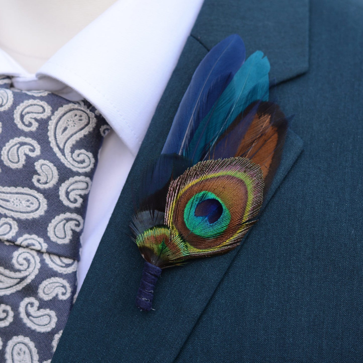 Navy and Teal Peacock Feather Boutonniere / Hat Pin | Peacock Feather Brooch