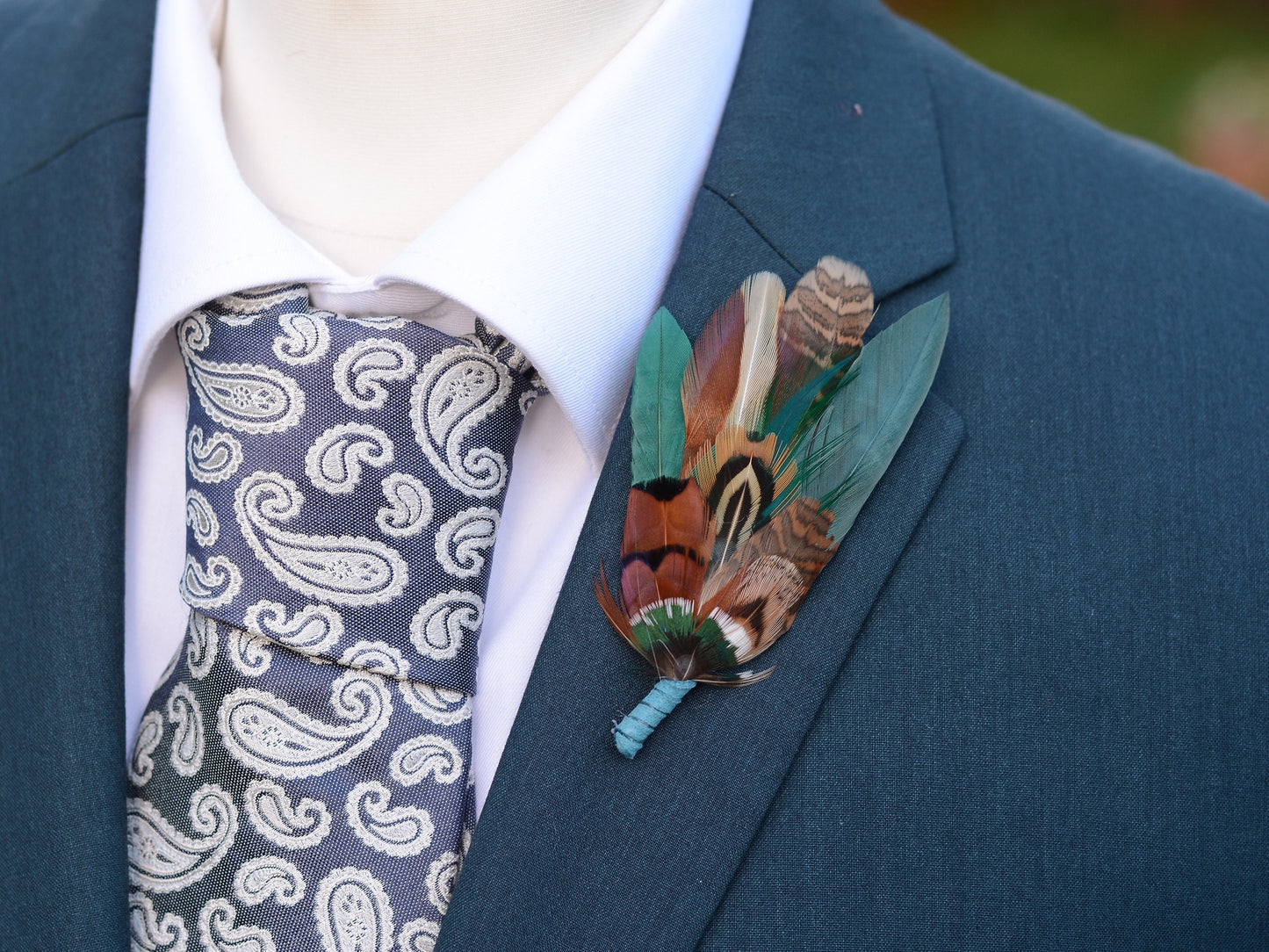 Green and Teal Pheasant Feather Lapel Pin / Hat Pin | Feather Boutonniere | Duck Feather Brooch