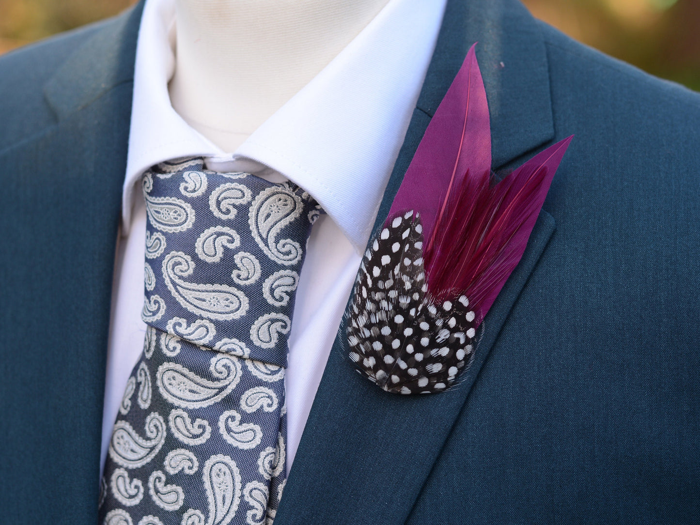 Plum Purple Feather Lapel Pin with Spotted Guinea Fowl Feathers | Feather Boutonniere | Feather Brooch | Feather Hat Pin | Plum Lapel Pin
