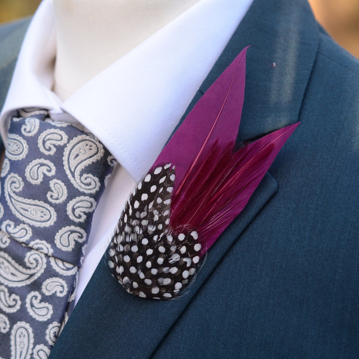 Plum Purple Feather Lapel Pin with Spotted Guinea Fowl Feathers | Feather Boutonniere | Feather Brooch | Feather Hat Pin | Plum Lapel Pin