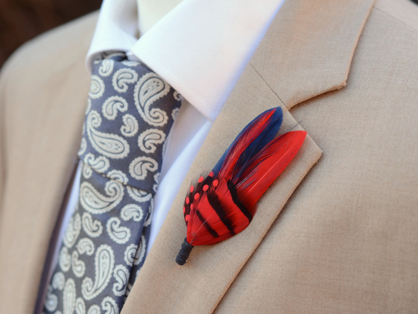 Navy Blue and Red Feather Boutonniere | Duck Feather Pin | Feather Hat Pin