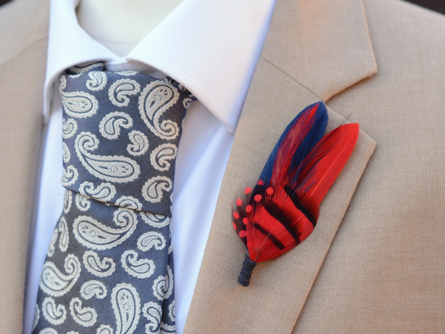 Navy Blue and Red Feather Boutonniere | Duck Feather Pin | Feather Hat Pin