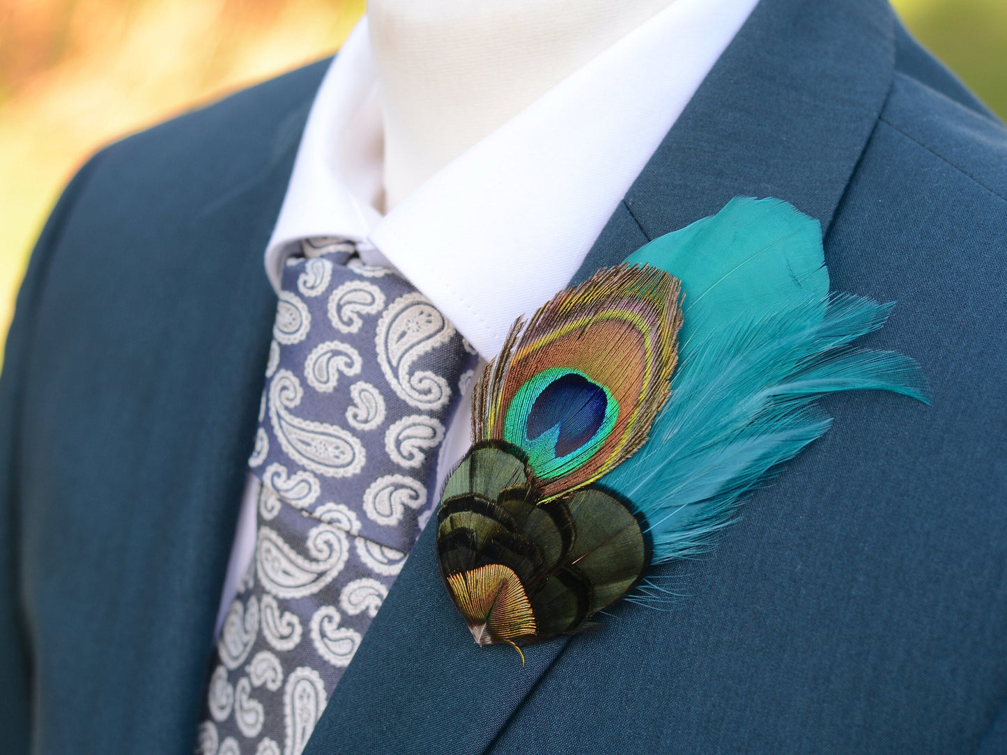 Teal and Peacock Feather Boutonniere | Peacock Feather Pin Peacock Feather Brooch | Peacock Feather Hat Pin