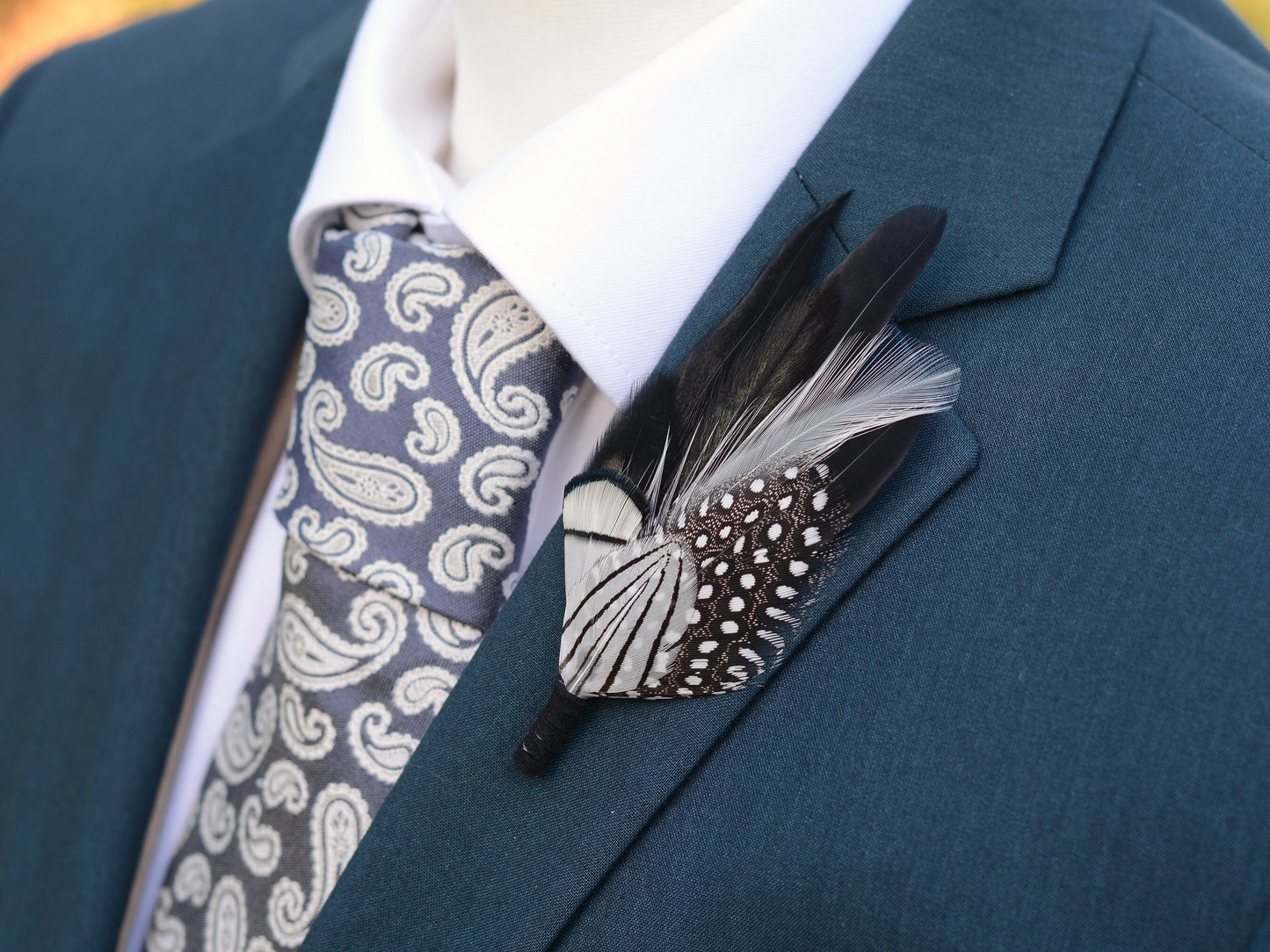 Feather Brooch Pin in Monochrome Black and White | Feather Boutonniere | Pheasant Feather Lapel Pin | Feather Hat Pin