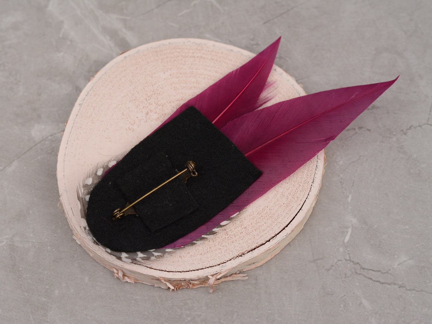 Plum Purple Feather Lapel Pin with Spotted Guinea Fowl Feathers | Feather Boutonniere | Feather Brooch | Feather Hat Pin | Plum Lapel Pin