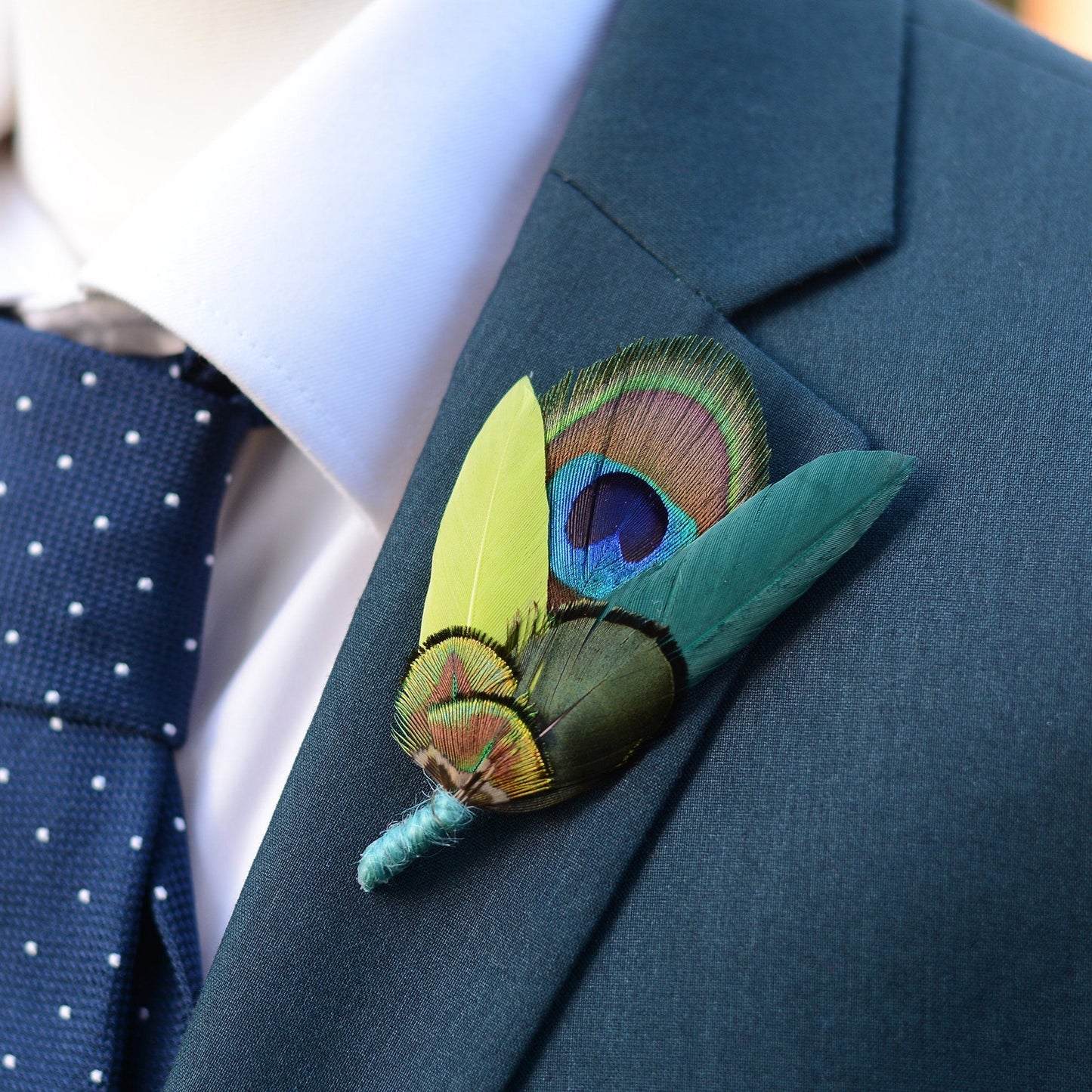 Teal and Peacock and Pheasant Feather Boutonniere Pin | Peacock Feather Brooch