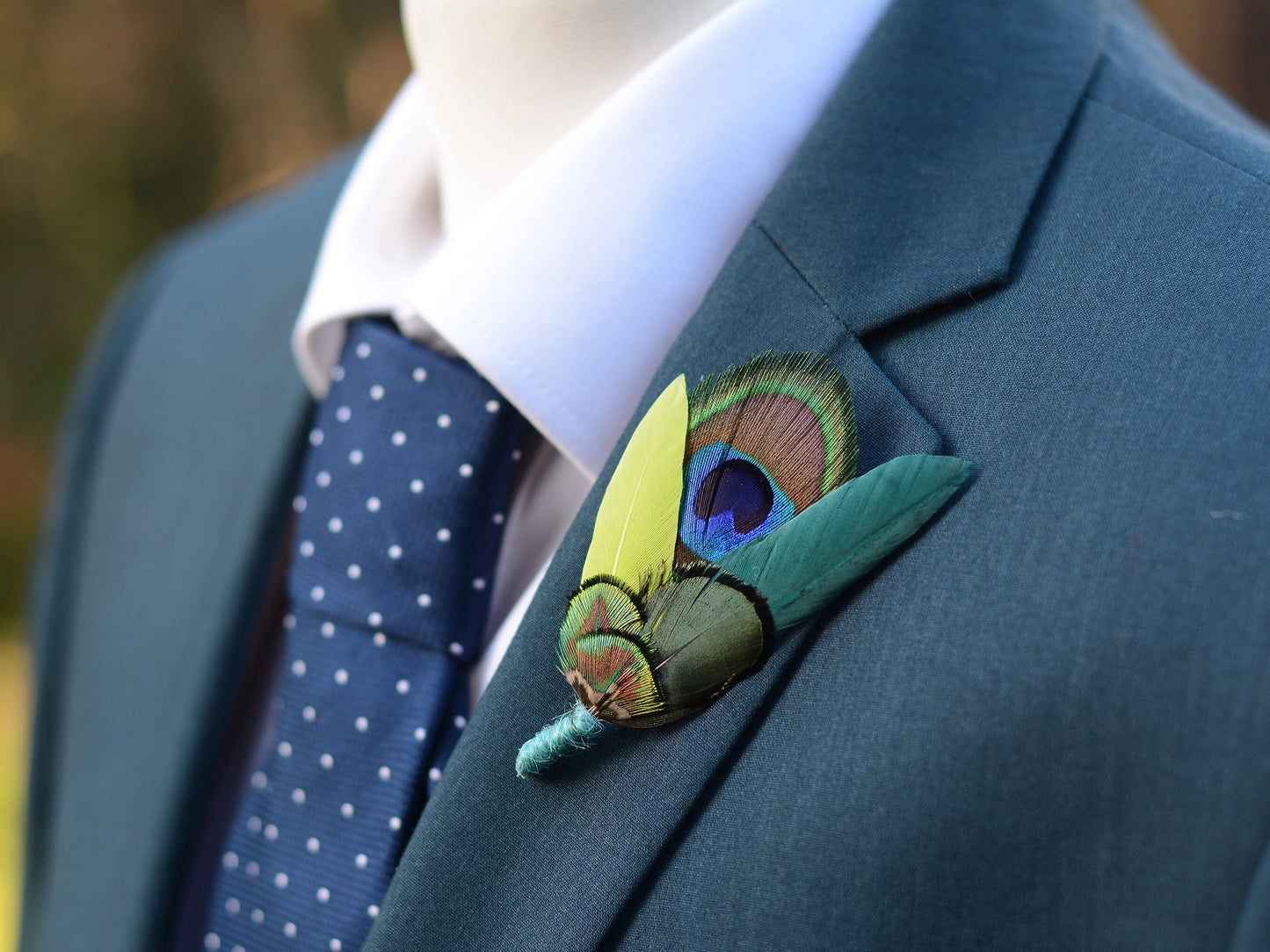 Teal and Peacock and Pheasant Feather Boutonniere Pin | Peacock Feather Brooch
