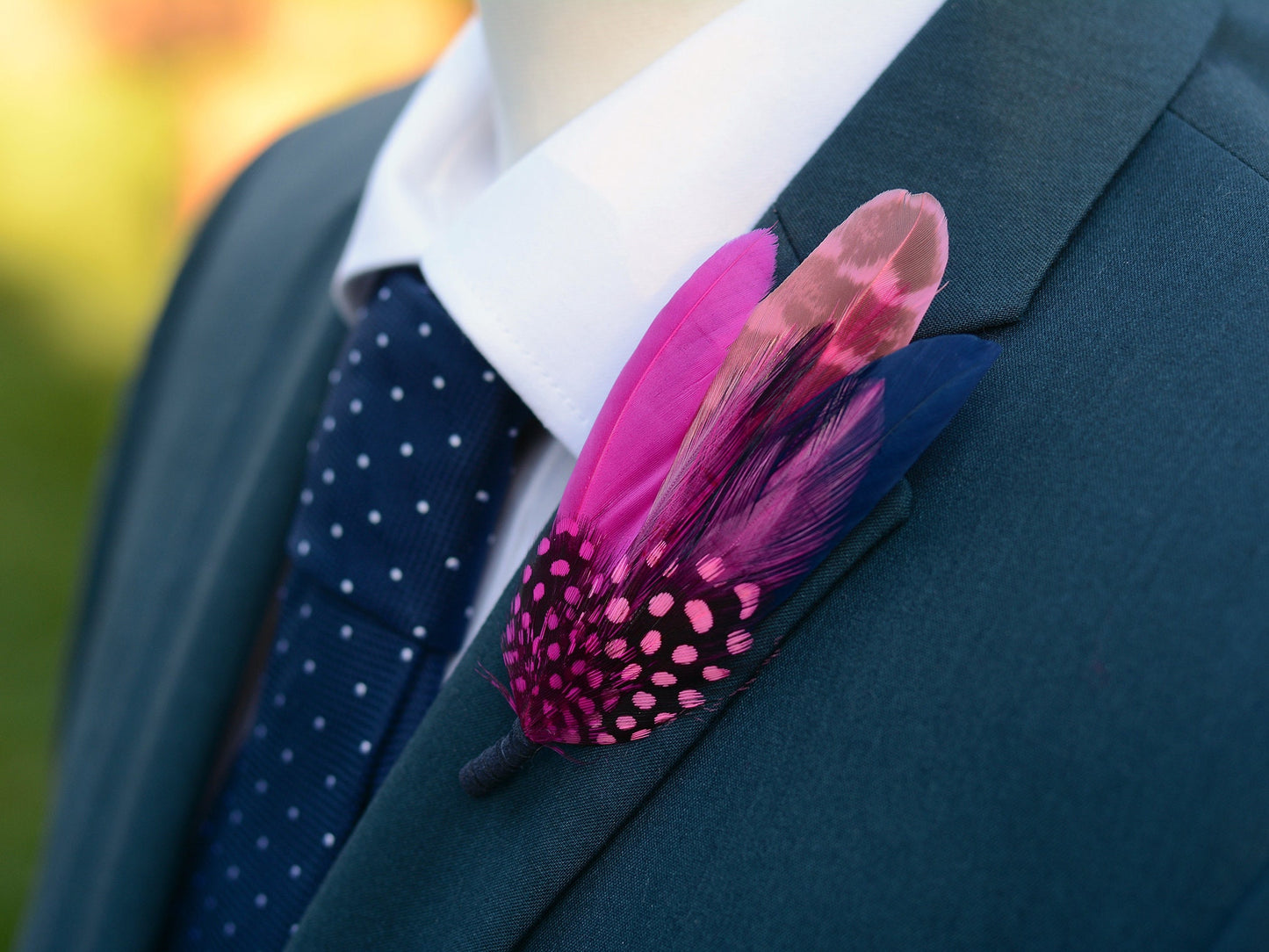 Dyed Feather Brooch Pin in Navy Blue and Hot Pink | Pheasant Feather Boutonniere | Feather Hat Pin