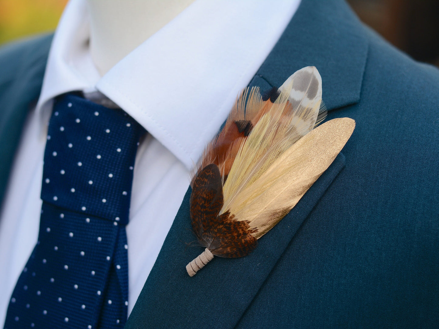 Gold and Pheasant Feather Pin | Pheasant Feather Boutonniere | Feather Brooch | Feather Hat Pin