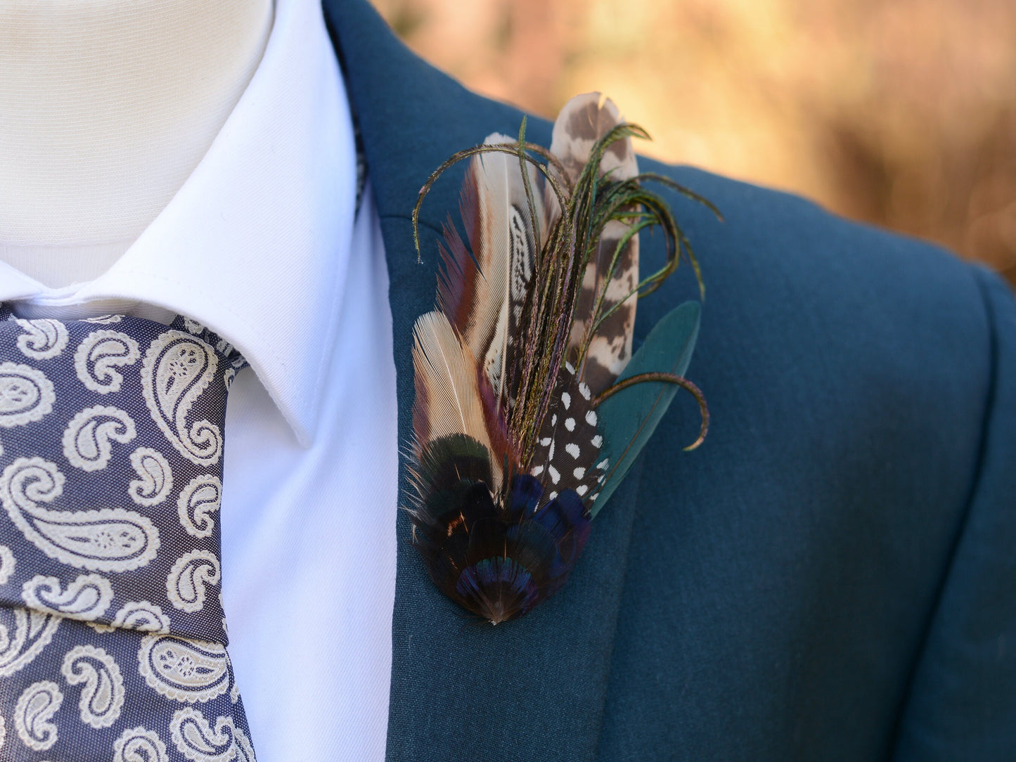 Navy Blue and Pheasant Feather Lapel Pin / Hat Pin No.162 | Unique Pheasant Feather Boutonniere | Duck Feather Brooch