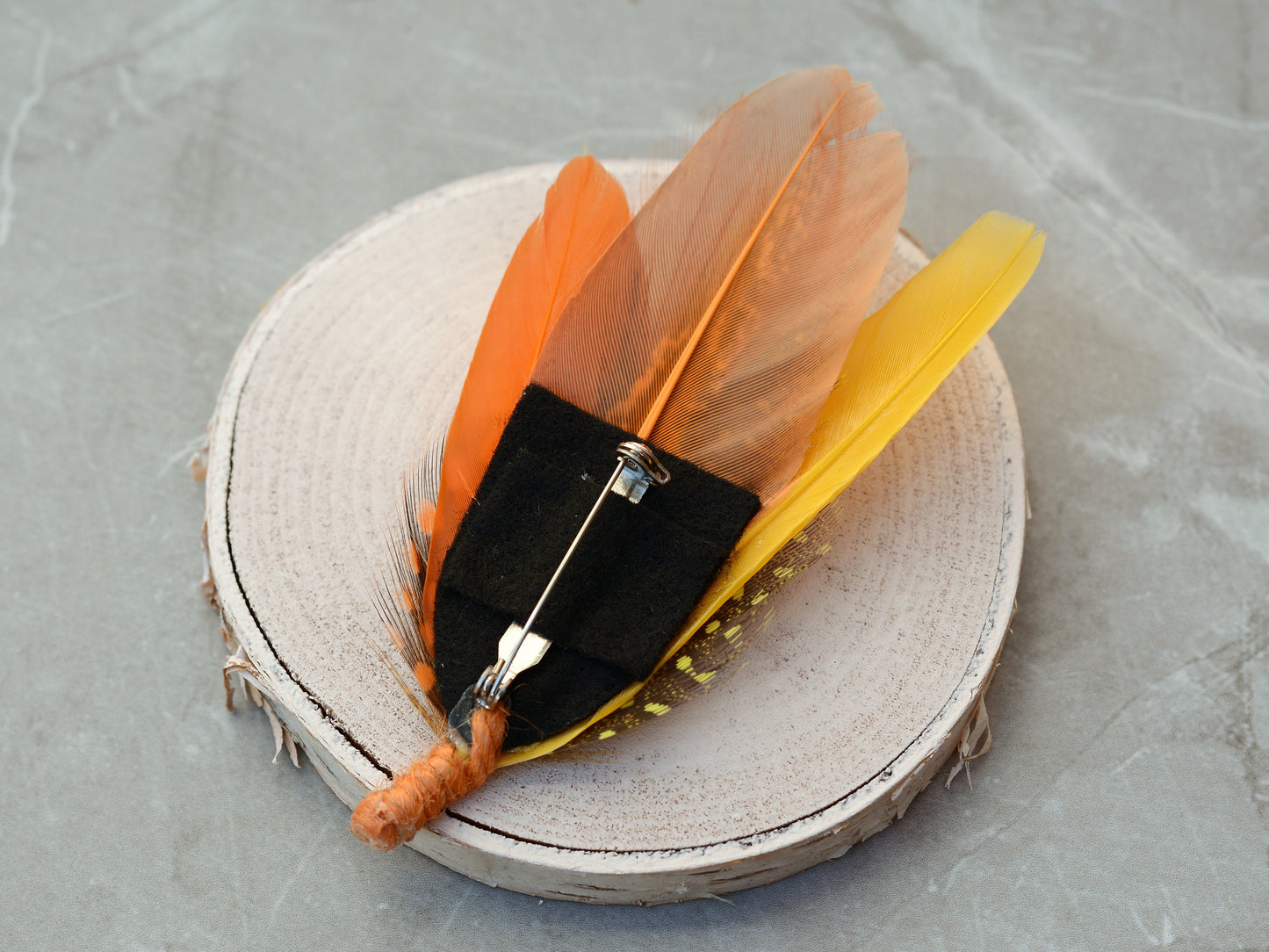 Bright Yellow and Orange Dyed Feather Pin Small no.210 | Pheasant Feather Boutonniere | Feather Brooch | Feather Hat Pin