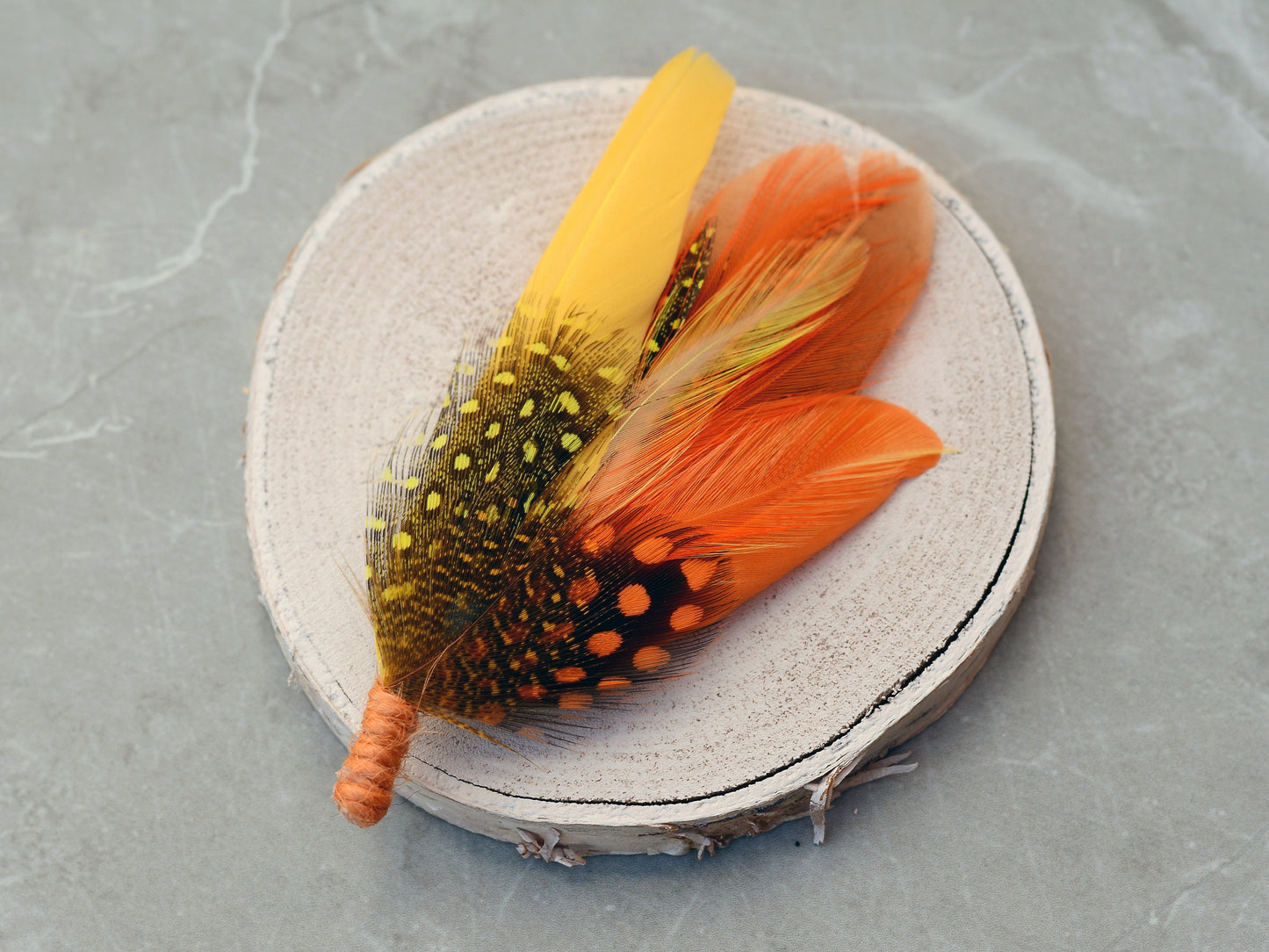 Bright Yellow and Orange Dyed Feather Pin Small no.210 | Pheasant Feather Boutonniere | Feather Brooch | Feather Hat Pin