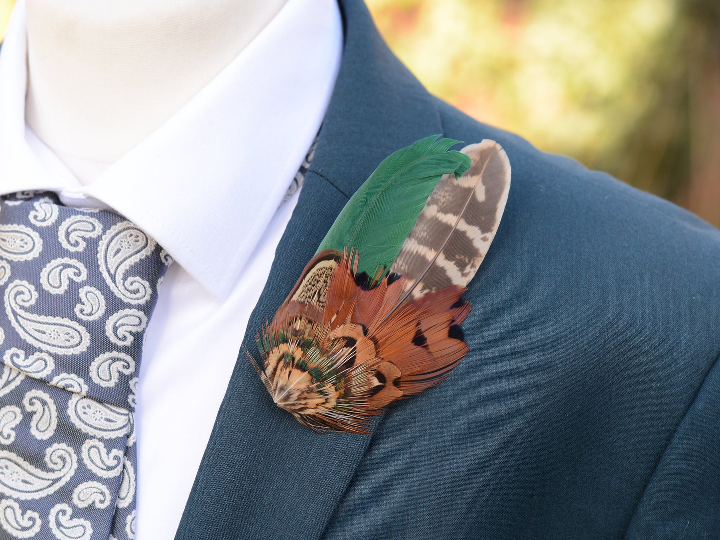 Pheasant Feather Lapel Pin in Green and Copper No.12 | Feather Boutonniere | Pheasant Feather Brooch | Feather Hat Pin | Grooms Outfit