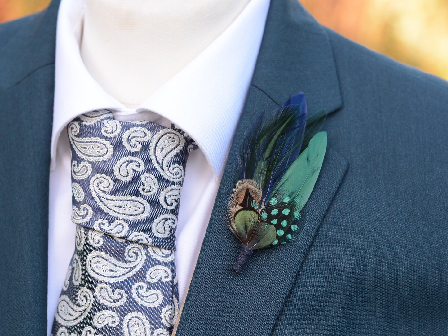 Navy Blue and Bottle Green Feather Boutonniere | Duck Feather Hat Pin | Pheasant Feather Brooch