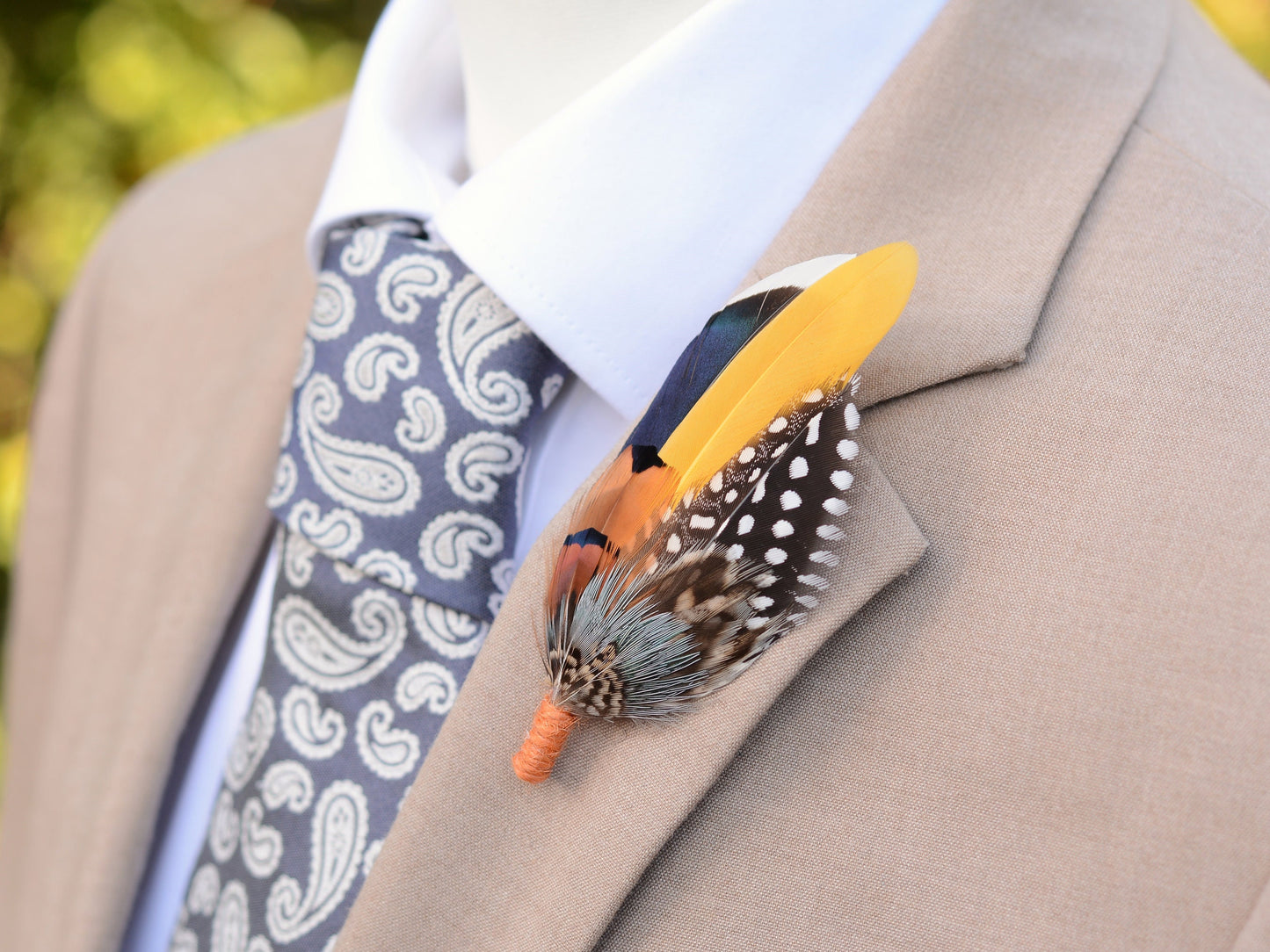 Navy Blue and Mustard Yellow Duck and Pheasant Feather Boutonniere / Feather Hat Pin