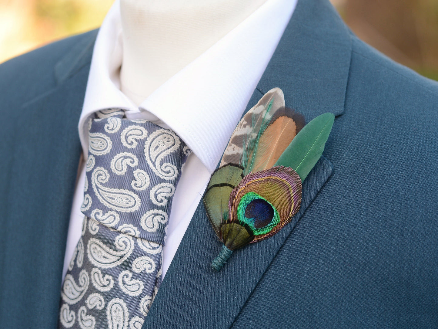 Green Peacock and Pheasant Feather Boutonniere | Peacock Feather Hat Pin | Peacock Feather Brooch