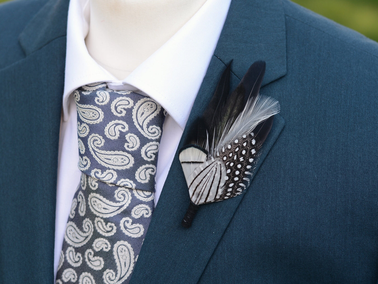 Feather Brooch Pin in Monochrome Black and White | Feather Boutonniere | Pheasant Feather Lapel Pin | Feather Hat Pin