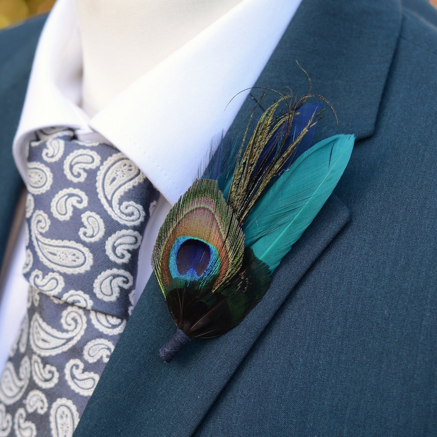 Teal Turquoise and Navy Peacock Feather Hat Pin / Brooch | Peacock Feather Boutonniere | Peacock Feather Brooch