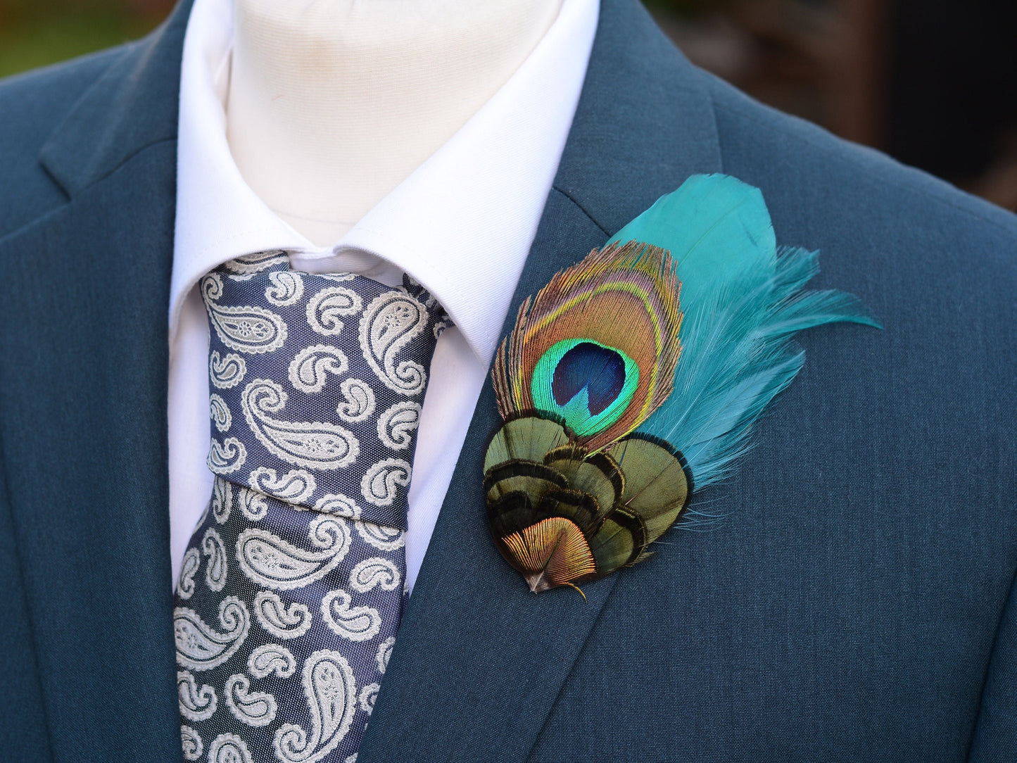 Teal and Peacock Feather Boutonniere | Peacock Feather Pin Peacock Feather Brooch | Peacock Feather Hat Pin
