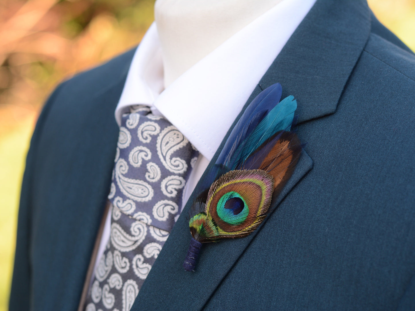 Navy and Teal Peacock Feather Boutonniere / Hat Pin | Peacock Feather Brooch