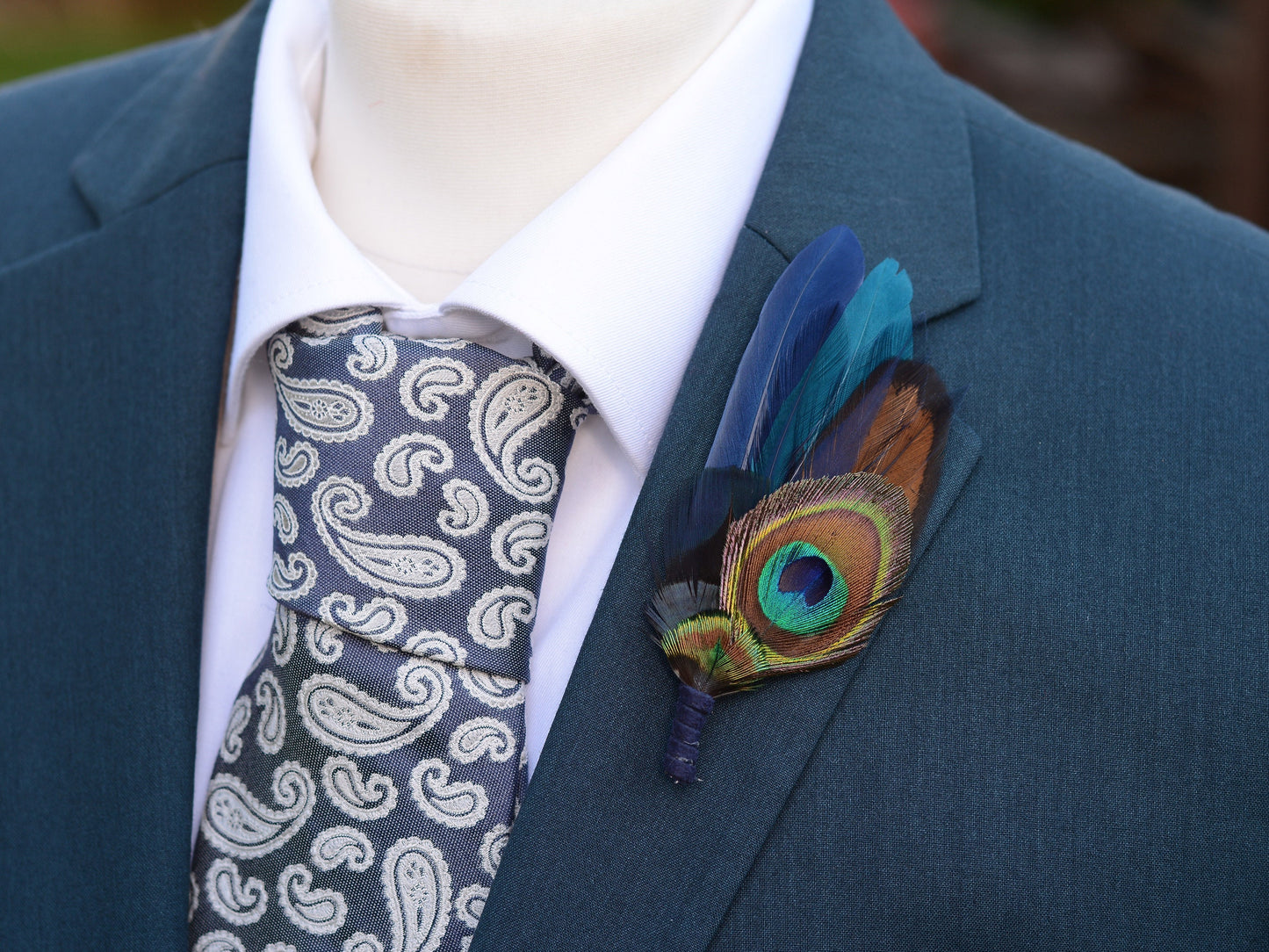 Navy and Teal Peacock Feather Boutonniere / Hat Pin | Peacock Feather Brooch