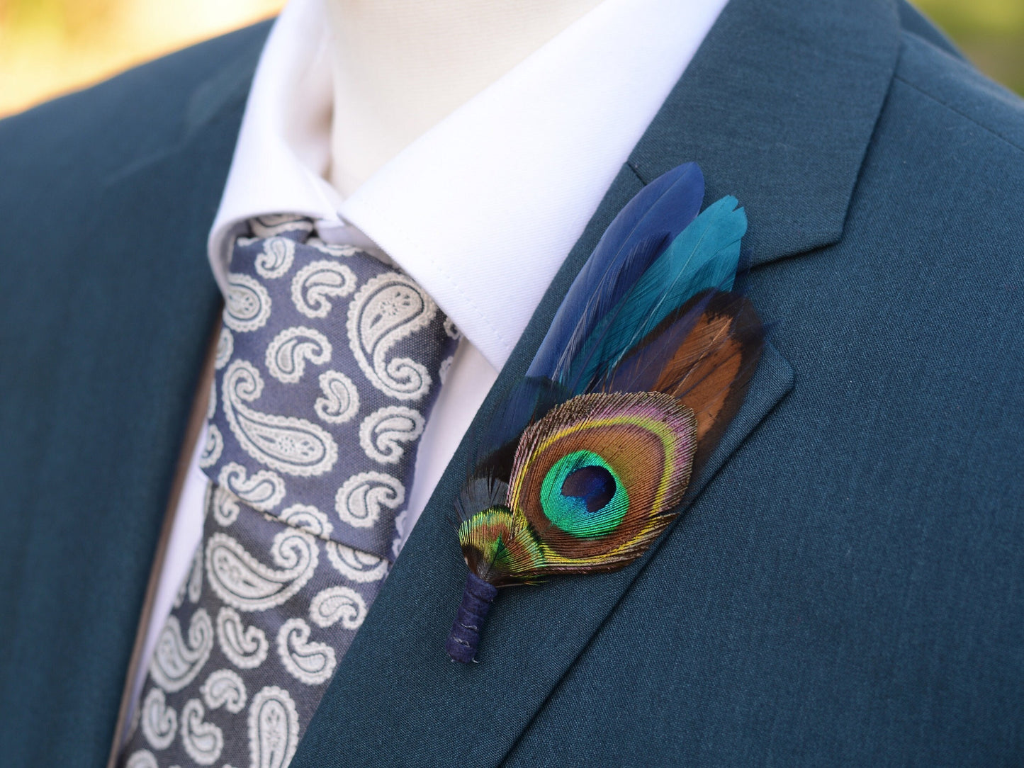 Navy and Teal Peacock Feather Boutonniere / Hat Pin | Peacock Feather Brooch
