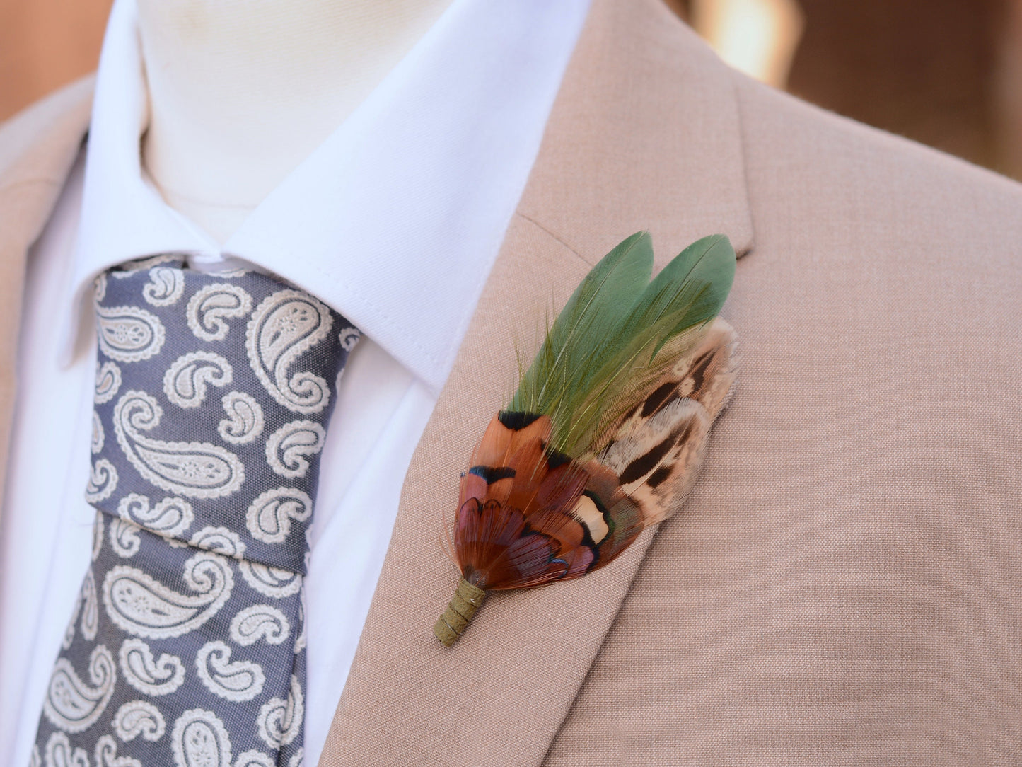 Green and Copper Pheasant Feather Lapel Pin | Feather Boutonniere | Duck Feather Brooch