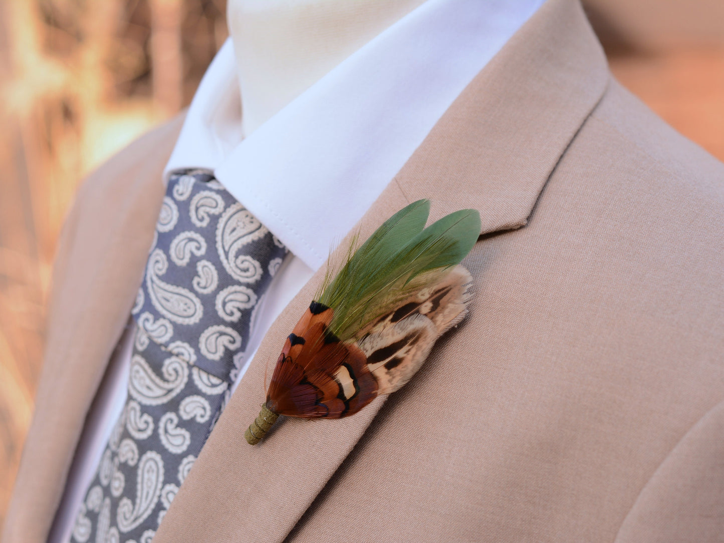 Green and Copper Pheasant Feather Lapel Pin | Feather Boutonniere | Duck Feather Brooch
