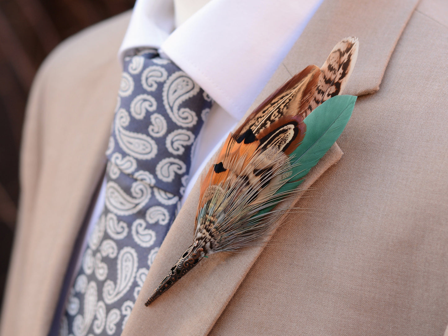 Natural Pheasant Feather Boutonniere / Hat Pin | Pheasant Feather Brooch | Wedding Corsage