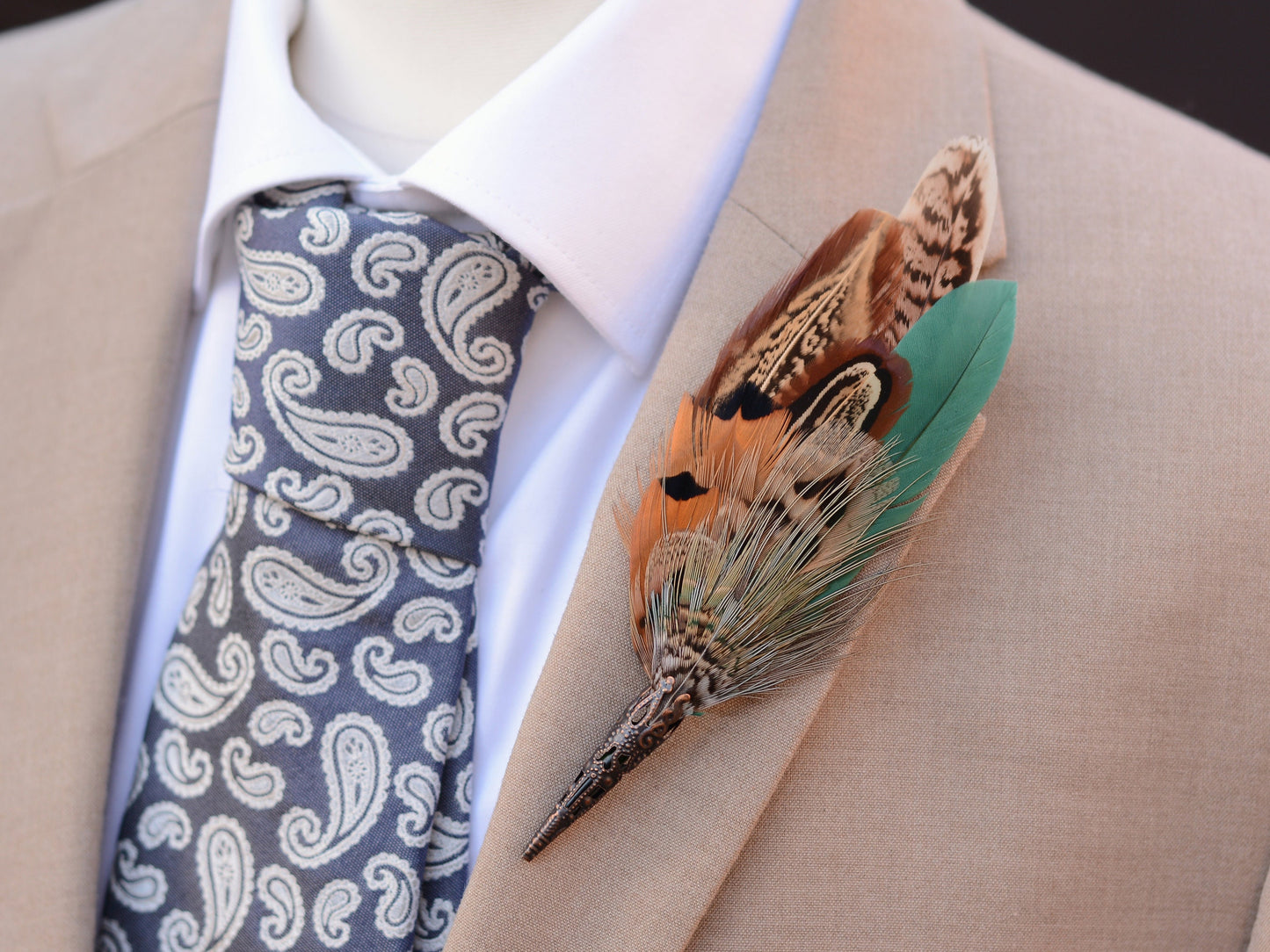 Natural Pheasant Feather Boutonniere / Hat Pin | Pheasant Feather Brooch | Wedding Corsage
