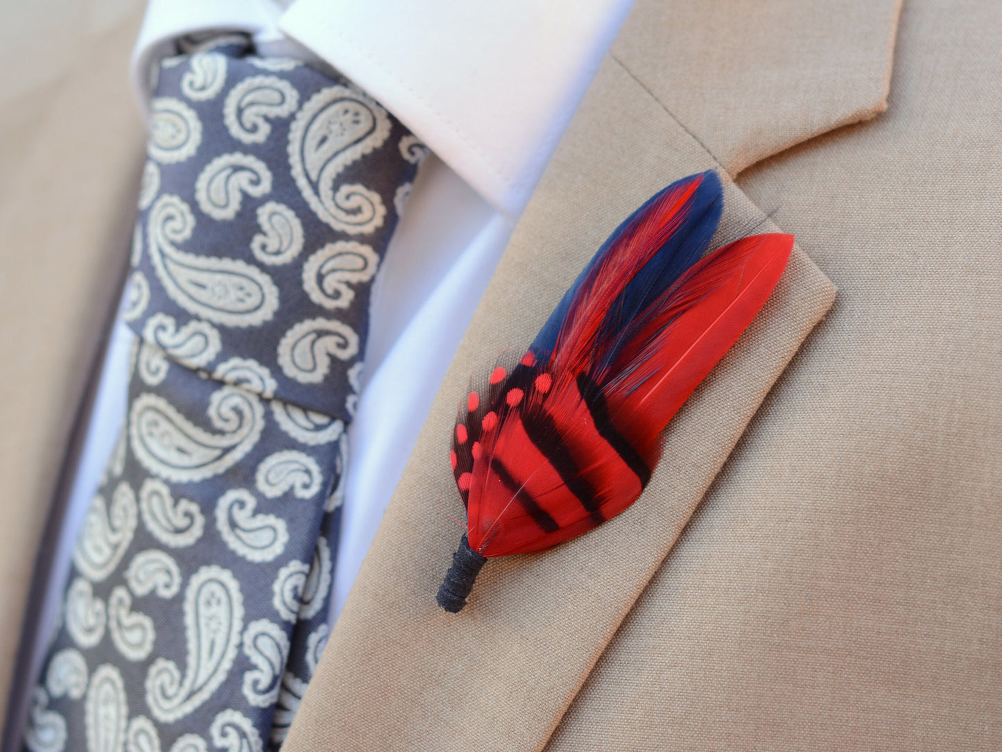 Navy Blue and Red Feather Boutonniere | Duck Feather Pin | Feather Hat Pin