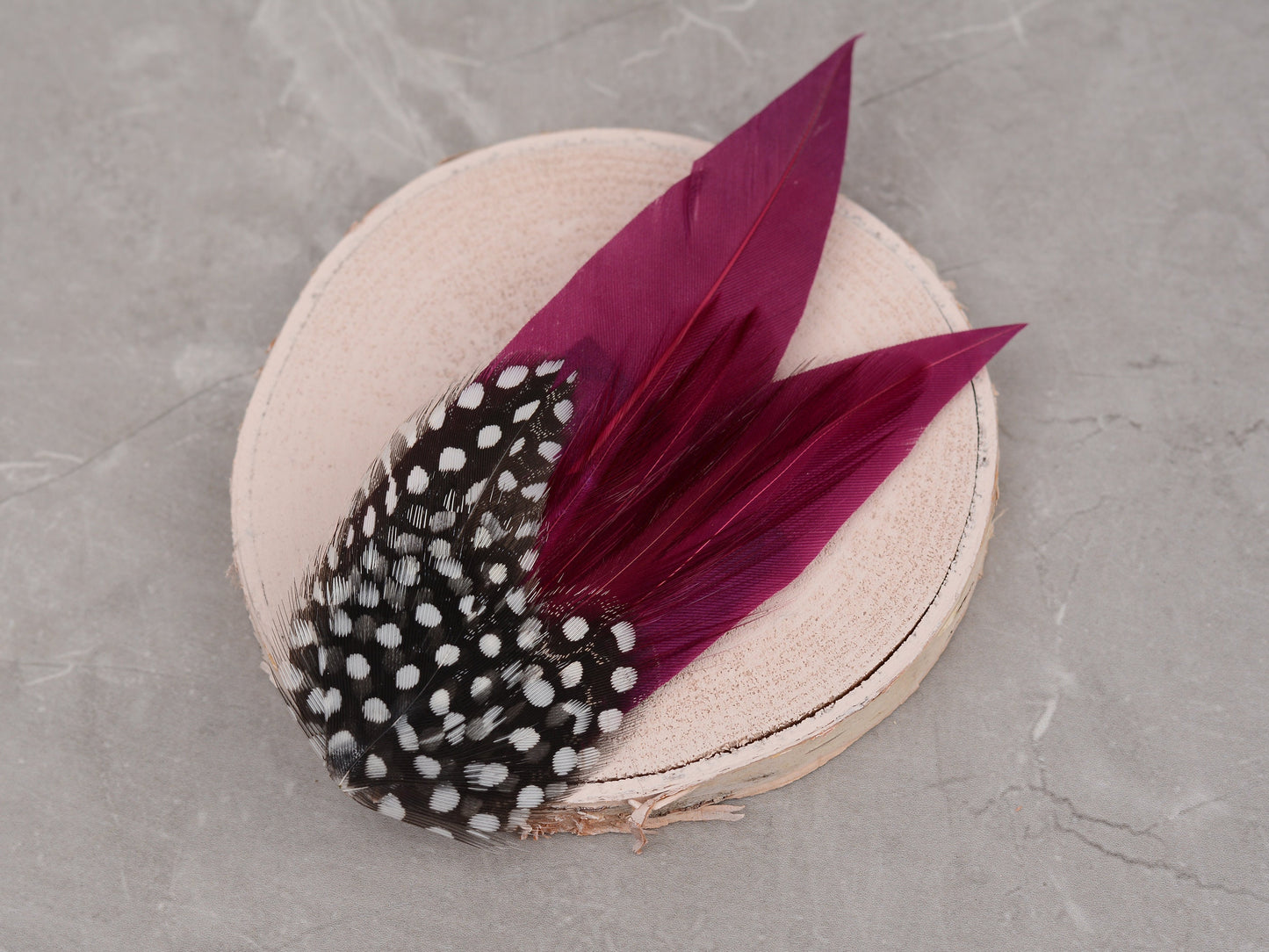 Plum Purple Feather Lapel Pin with Spotted Guinea Fowl Feathers | Feather Boutonniere | Feather Brooch | Feather Hat Pin | Plum Lapel Pin