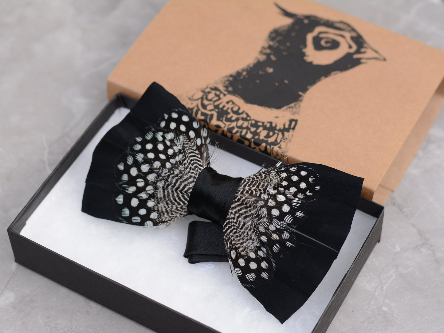Feather Bow Tie in Black and Polka Dot | Grooms Outfit | Feather Neck Tie | Mens Gift | Black Tie | Wedding | Pheasant Feather Bow Tie