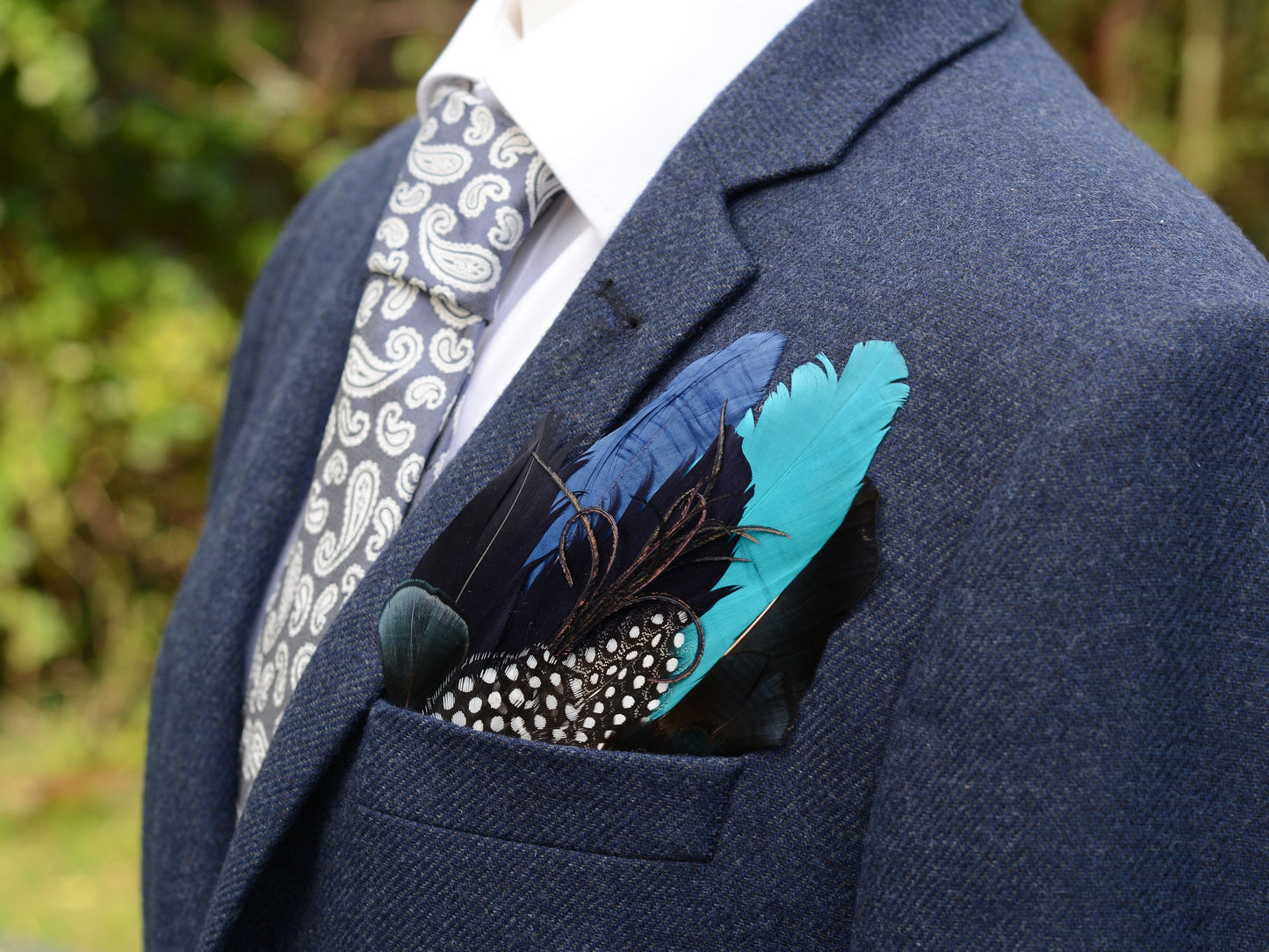 Turquoise, Navy Blue and Black Feather Pocket Square No.163 | Suit Accessory | Feather Neck Tie | Grooms Outfit | Groomsmen Gift